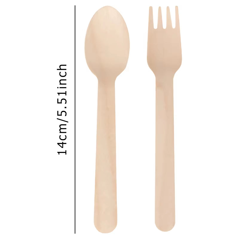 Disposable Wooden Cutlery 50/100PCS Pack 14Cm Fork Spoon Party Camping Picnic Wedding Travel Tableware Sets Kitchen Supplies ZYF