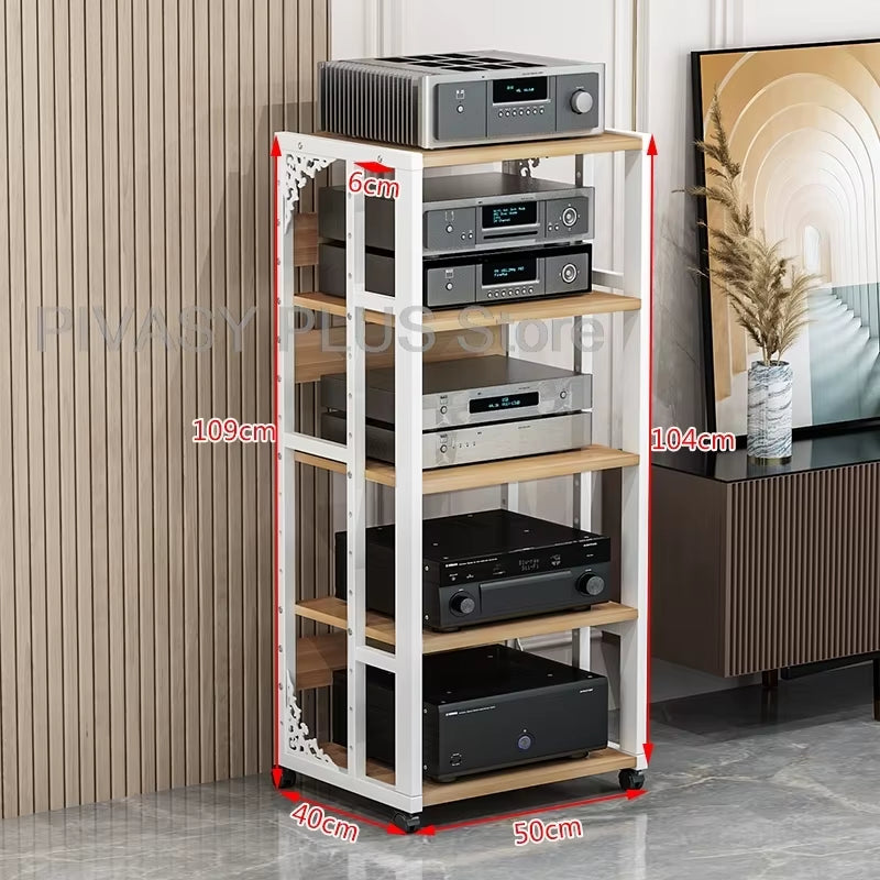 Adjustable 2-5 Tier Audio Rack Steel Frame Media Console E1 Panels Amplifiers Bracket with Wheels for Amp Home Theather Storage