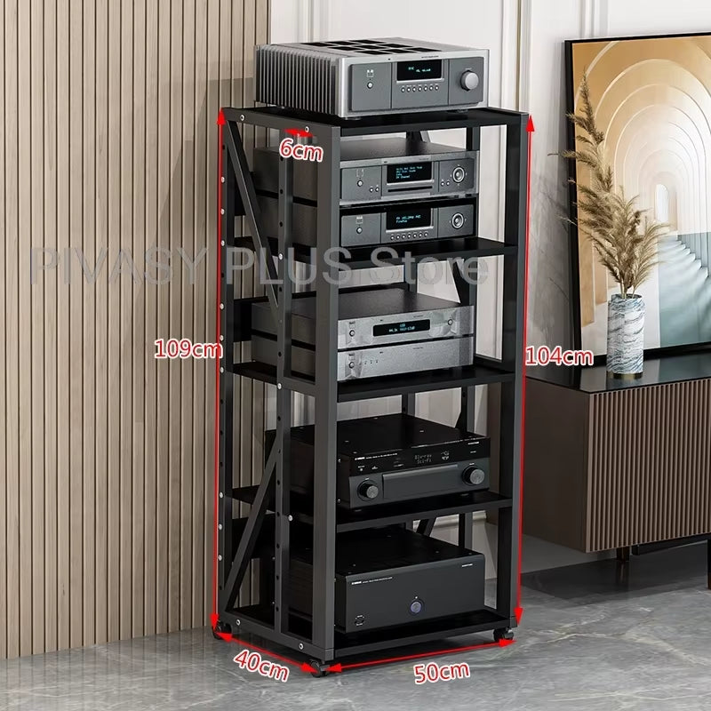 Adjustable 2-5 Tier Audio Rack Steel Frame Media Console E1 Panels Amplifiers Bracket with Wheels for Amp Home Theather Storage