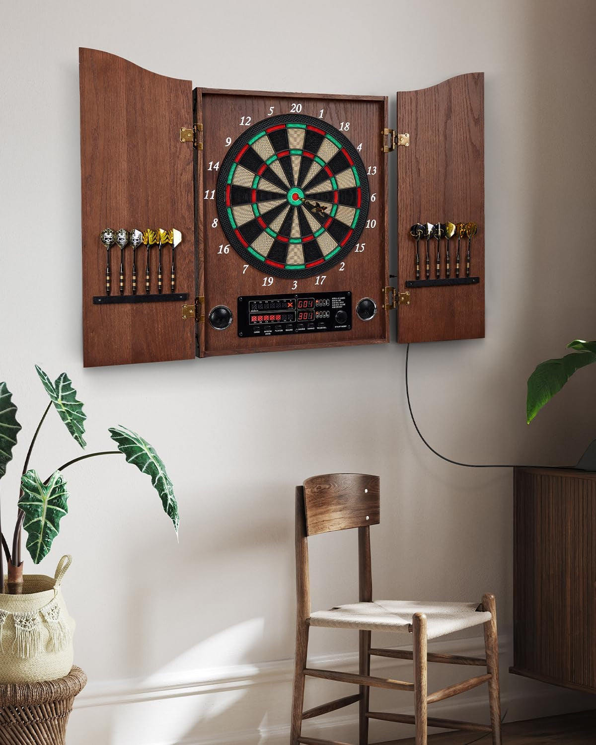 Electronic Dart Board, Decorative Dart Board Cabinet Set for Adults [12*Bronze Soft Tip Darts] [Cricket Game Mode]- Wooden Electric Dartboard Cabinet for Family Game Rooms 26
