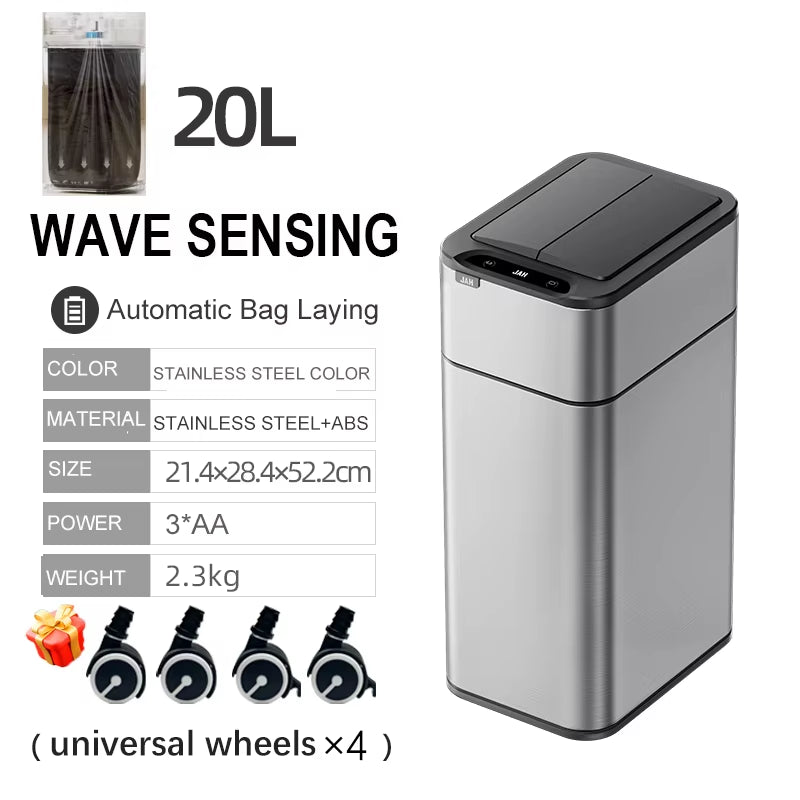 Smart Trash Can 20L Kitchen Two-Way Sensor Dustbin Wastebasket Automatic Bagging Trash Bin Stainless Home Rectangular Waste Bin