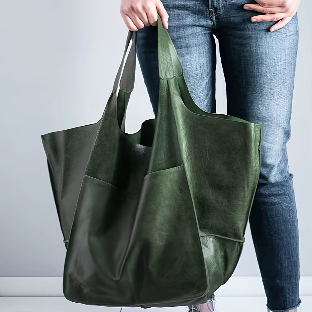 Retro Minimalist Tote Bag Large Capacity Shopping Bag Fashion PU Leather Soft Leather Shoulder Bag
