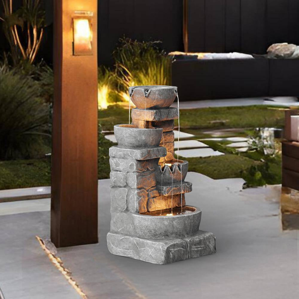 Outdoor Zen Garden 33 In. Stone-Texture Polyresin Cascading Waterfall Fountain with LED Lights