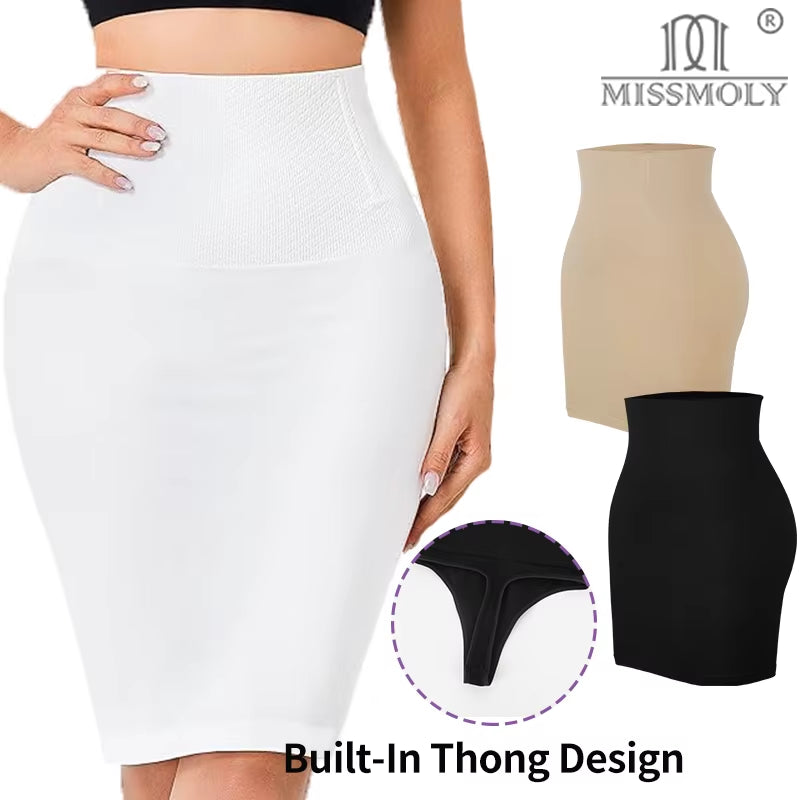 Women Sexy Built-In Thong Dress Half Slip Shapewear High Waist Seamless Butt Lifter Knee Length Body Shaper Anti-Slip Skirt