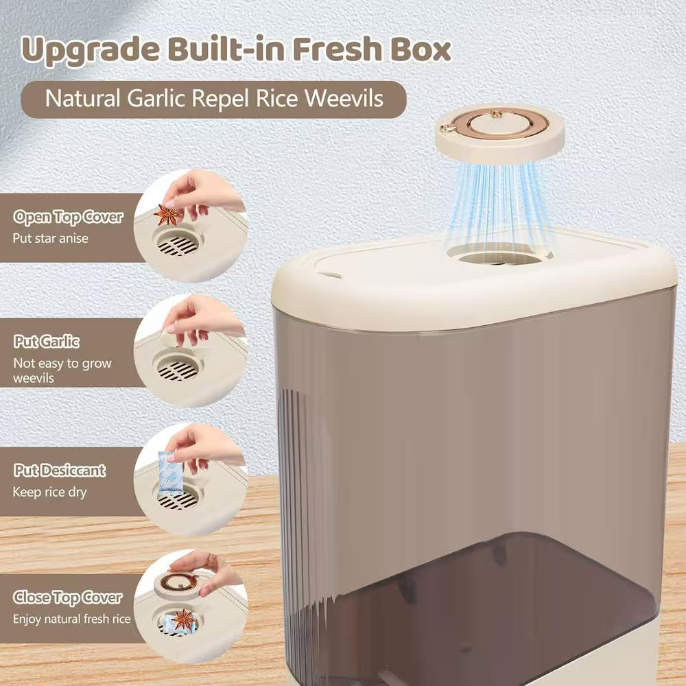 25 Lbs. Rice Dispenser with Measuring Cup and Time Scale and Moisture Proof Dry Food Dispenser, Clear and White