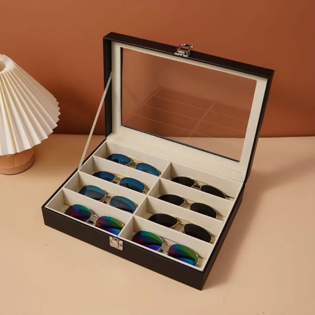 1Pcs Leather Fashion Sunglasses Storage Box Multi Grid Large Capacity Sunglasses Storage Box Jewelry Display Collection Box