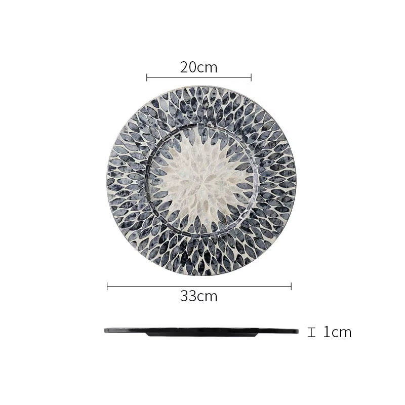 Natural Shell Wood Plates Set Golden Beads Decorative Glass Steak Pasta Plate Serving Tray Dinner Decoration Kitchen Tableware