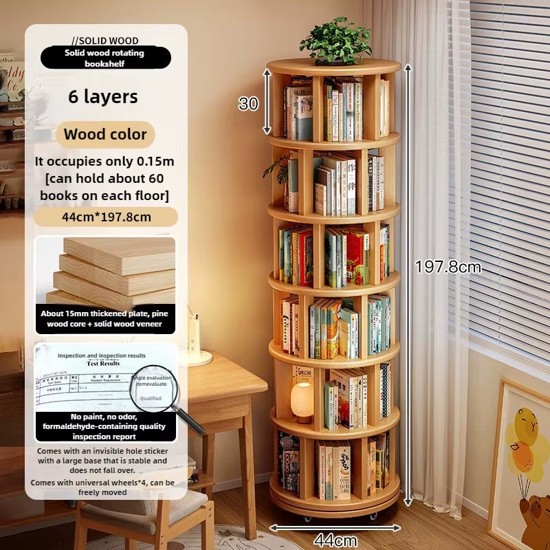 360-Degree Rotating Solid Wood Bookshelf: Floor-To-Ceiling, Wall-Mounted, Narrow Corner Cabinet