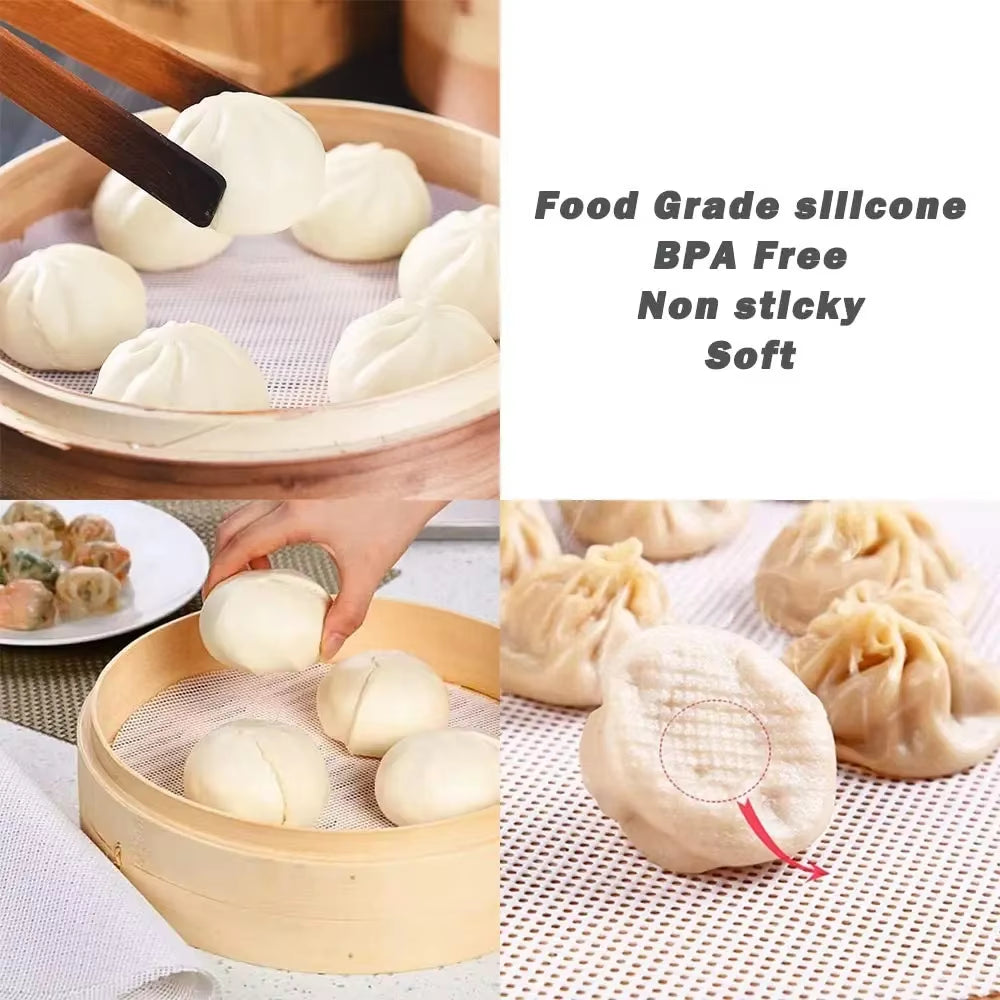 4Pcs Silicone Steamer Mat Reusable Steamer Paper Liner round Dim Sum Mesh Non-Stick Mesh Mat Pad for Buns Dumpling Baking Pastry