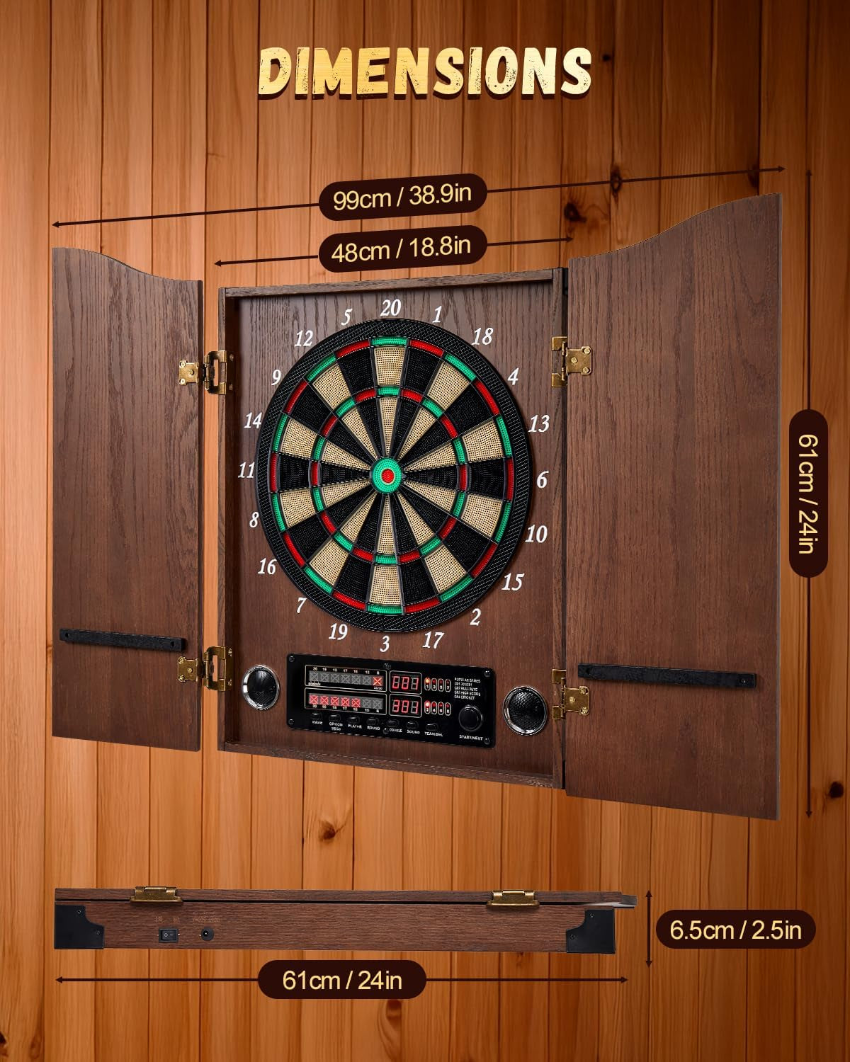 Electronic Dart Board, Decorative Dart Board Cabinet Set for Adults [12*Bronze Soft Tip Darts] [Cricket Game Mode]- Wooden Electric Dartboard Cabinet for Family Game Rooms 26