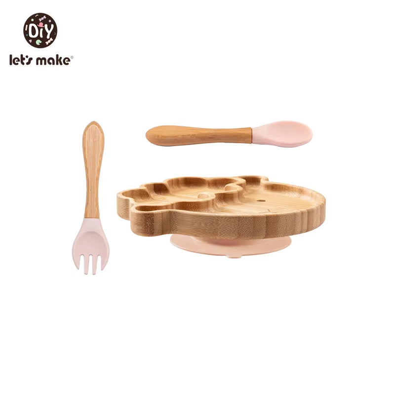 Let'S Make Baby Dinner Plates Set Wooden Cartoon Dinner Plate Fork Spoon Children Feeding Plate Safe Edible Silicone Product
