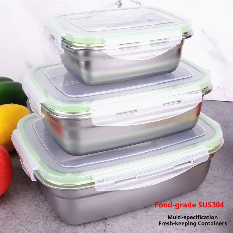 High Quality 304 Stainless Steel Food Storage Container Set, Stackable Lunch Box, Transparent Lid, Home Kitchen, School Office