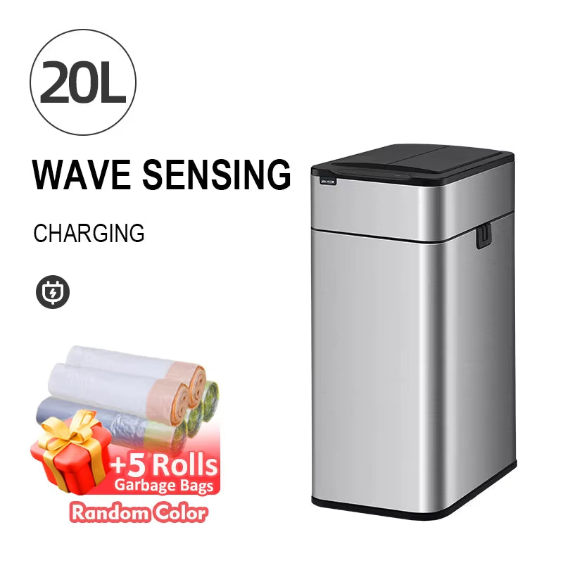 Smart Trash Can 20L Kitchen Two-Way Sensor Dustbin Wastebasket Automatic Bagging Trash Bin Stainless Home Rectangular Waste Bin