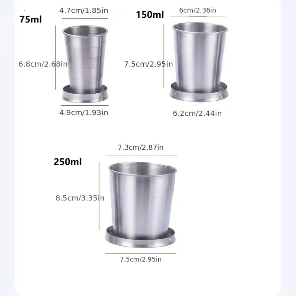 Portable Stainless Steel Folding Cup 70Ml / 150Ml / 250Ml for Outdoor Travel, Foldable and Stretchable for Hiking and Camping
