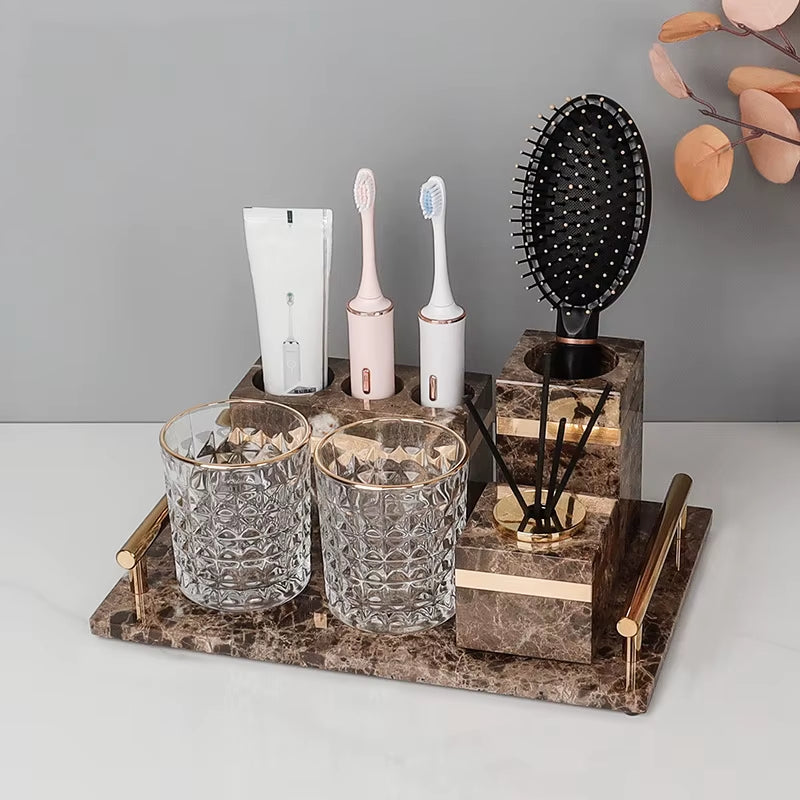 Emperador Dark Natural Marble Bathroom Set Luxury Stone Toothbrush Holder Tooth Mug Soap Dispenser Bathroom Accessories