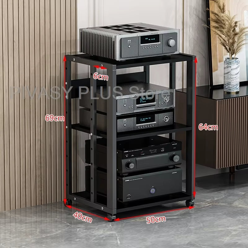 Adjustable 2-5 Tier Audio Rack Steel Frame Media Console E1 Panels Amplifiers Bracket with Wheels for Amp Home Theather Storage
