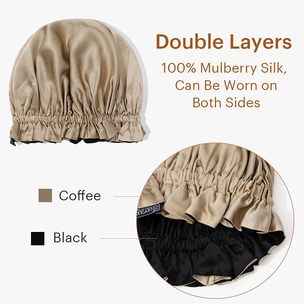 Pure Silk Lined Cap for Women Sleep, Double Layered, Adjustable Ribbons, Luxury Natural Silk Bonnet Cap for Sleeping Coffee+Black