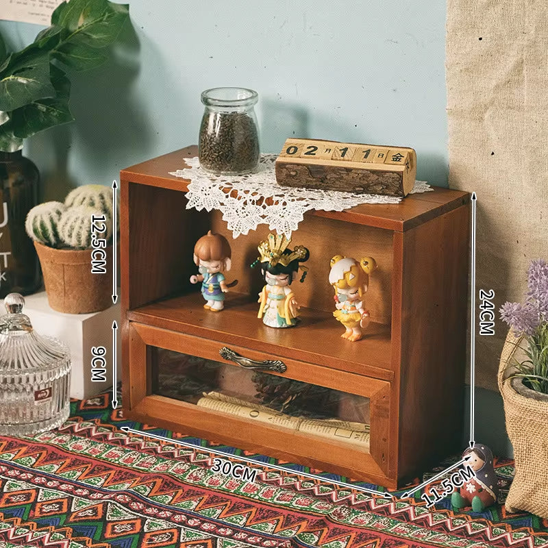 Nordic Solid Wood Retro Wooden Double Door Display Cabinet Miscellaneous Cosmetics Storage Cabinet Drawer Desktop Storage Box