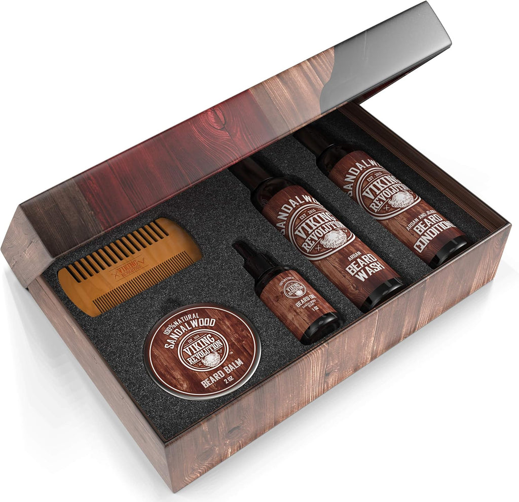 Beard Grooming Kit - with Beard Wash, Conditioner, Oil, Balm & Comb - Softens, Smoothes, Soothes - Sandalwood Scent - Gifts for Men