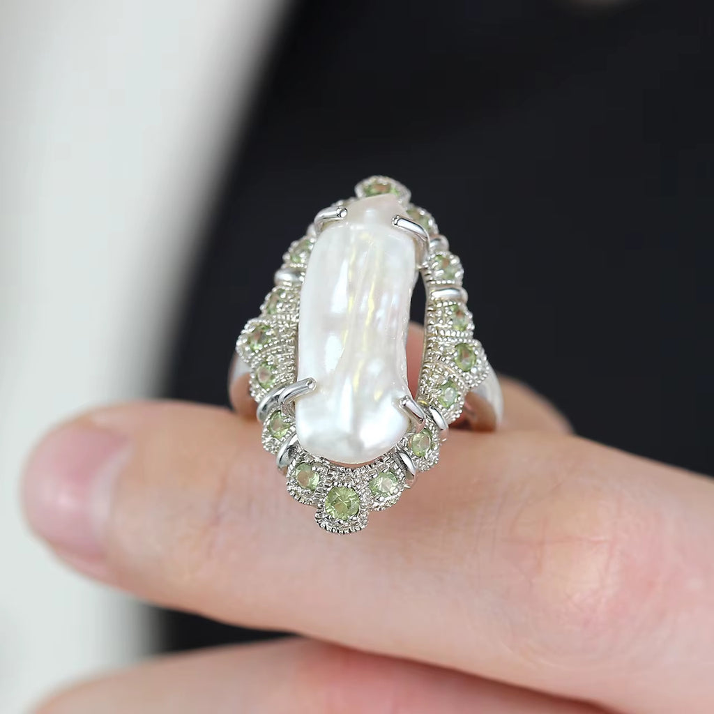 Baroque 21X9Mm Freshwater Pearl and Peridot Rhodium over Sterling Silver Ring Natural Cute Custom Pinky for Women Luxury