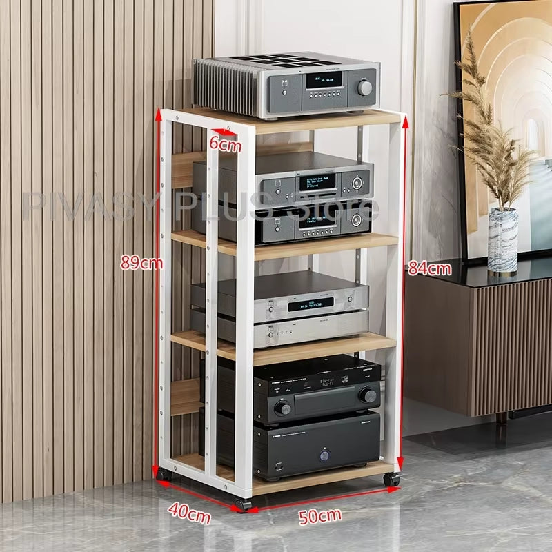 Adjustable 2-5 Tier Audio Rack Steel Frame Media Console E1 Panels Amplifiers Bracket with Wheels for Amp Home Theather Storage