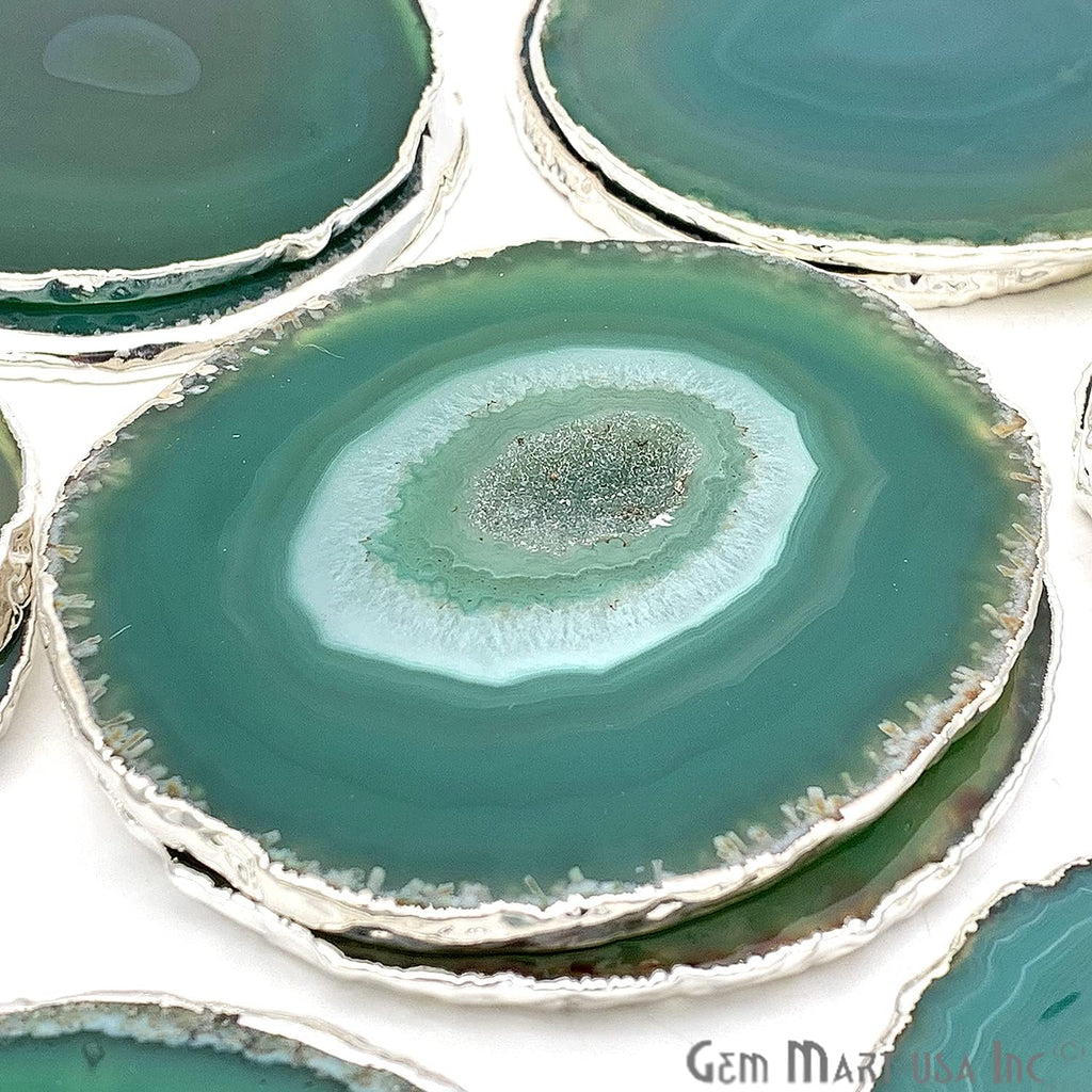 Green Gemstone Coaster, Agate Coaster Set, Drinkware, Silver Electroplated, Rock Coaster, Agate Slice, Drink Coaster Set of 2 (GRCO-58019)