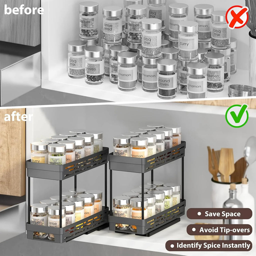 3 Packs Pull Out Spice Rack Organizer for Cabinet,  Slide Out Spice Racks Organizer, Easy to Install Spice Cabinet Organizers, 4.33''Wx10.4''Dx8.5''H, Each Tier Hold 10 Spice Jars - 2 Tier