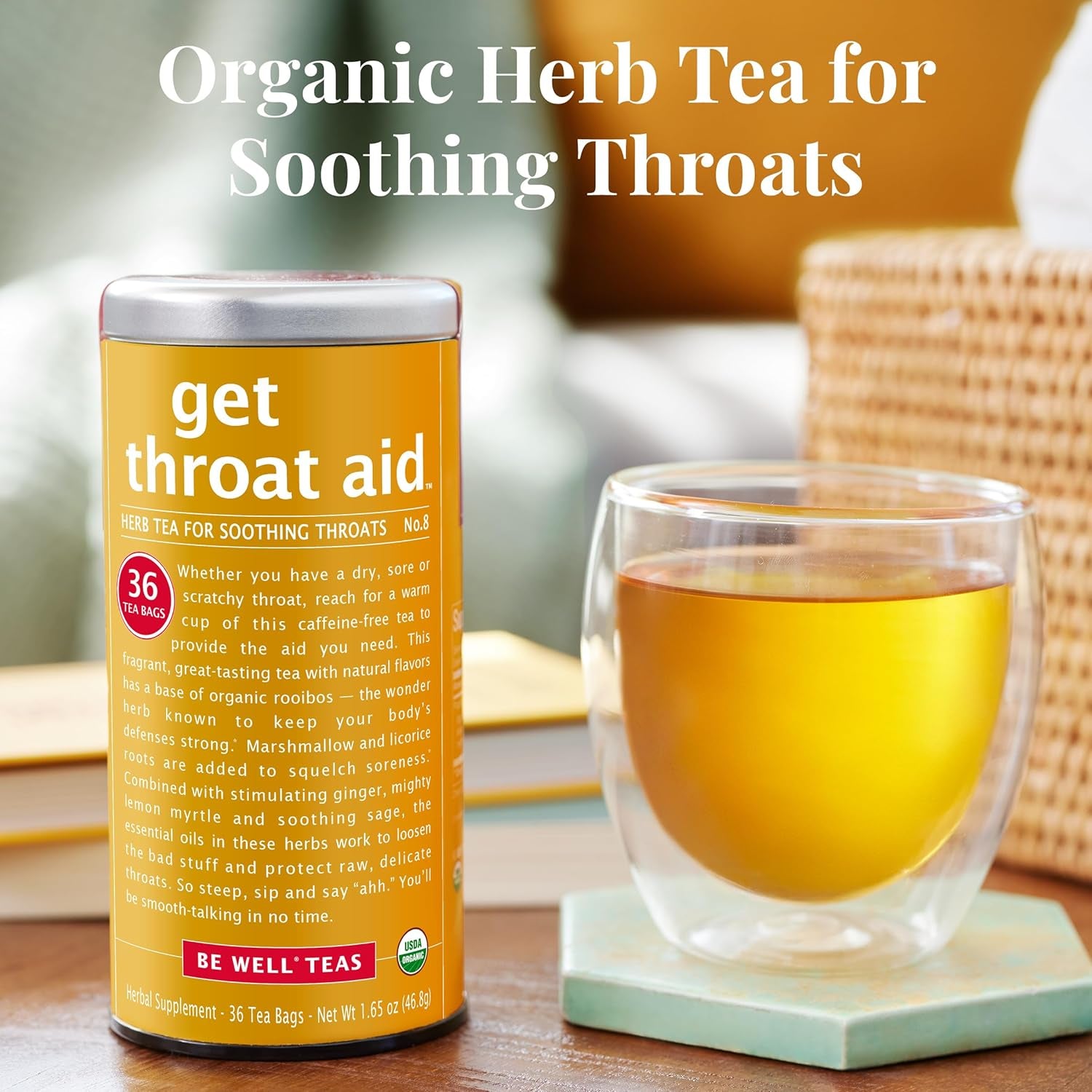 — Organic Get Throat Aid Herb Tea Tin, 36 Tea Bags, Naturally Caffeine Free Be Well Tea