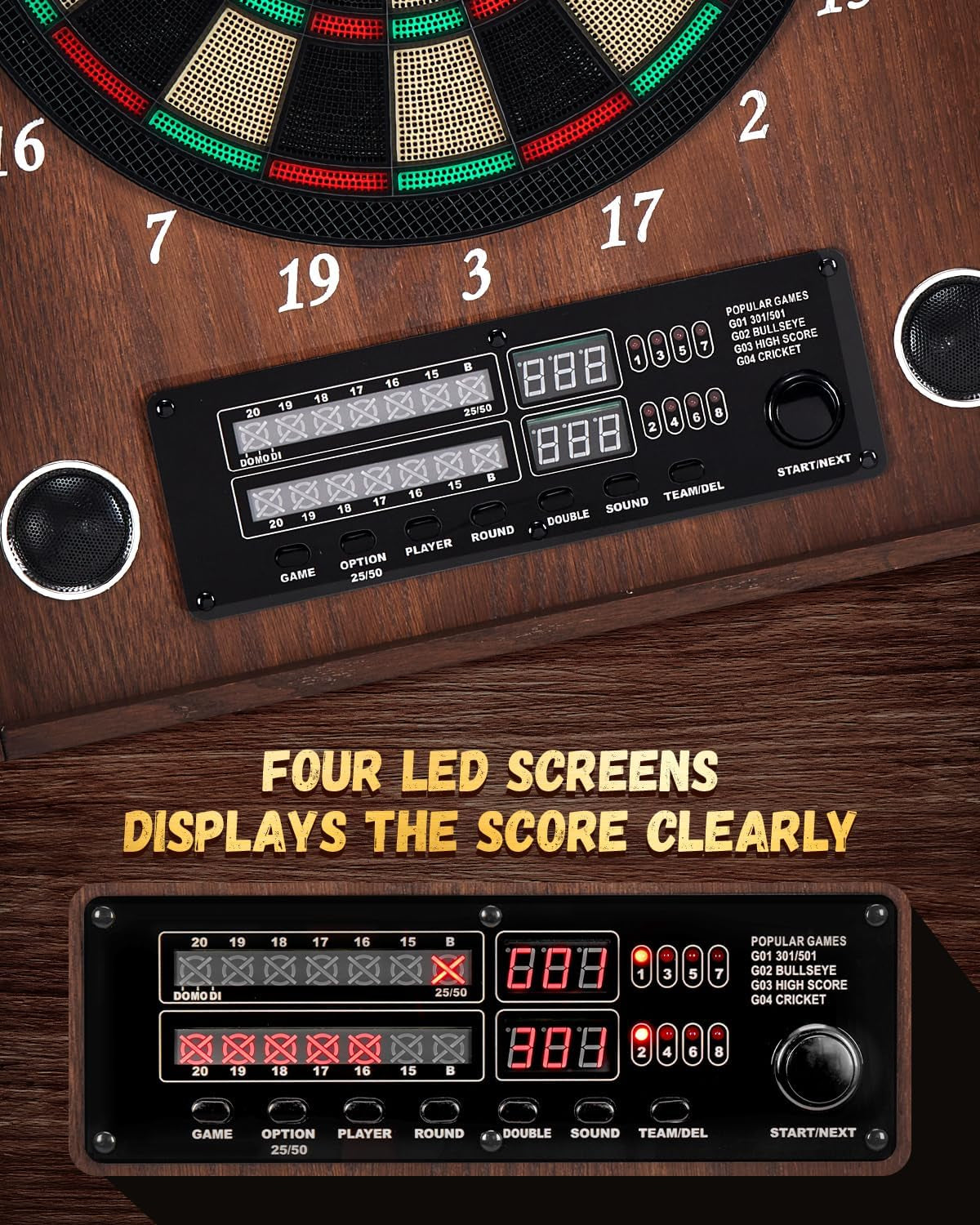 Electronic Dart Board, Decorative Dart Board Cabinet Set for Adults [12*Bronze Soft Tip Darts] [Cricket Game Mode]- Wooden Electric Dartboard Cabinet for Family Game Rooms 26