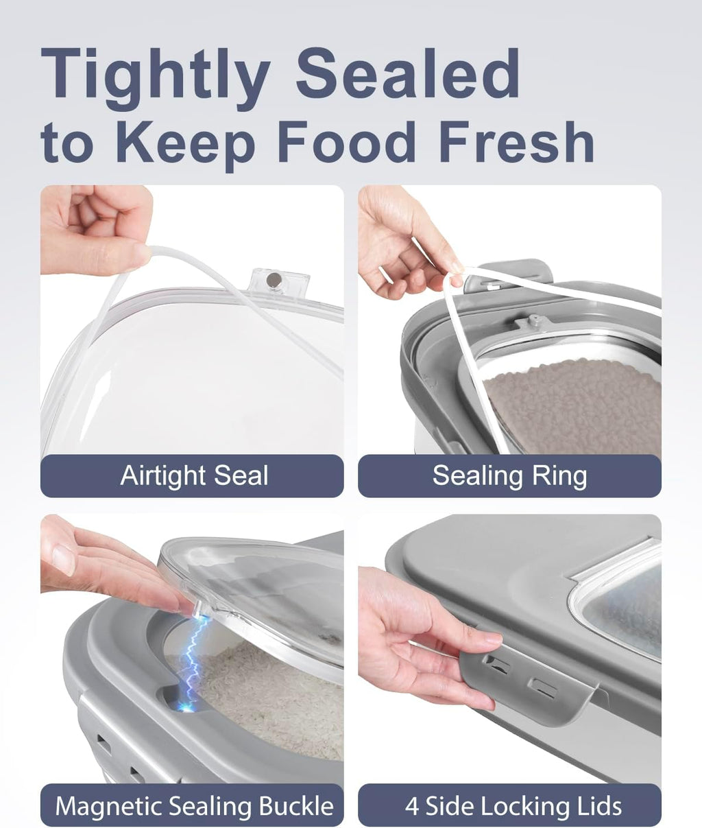 20-30 Lbs Rice Storage Container,Collapsible Food Storage Containers with Rolling Wheel Airtight Locking Lid,Flour Storage Container with Cup and Scoop,Suitable for Food,Rice,Pet Food,Flour