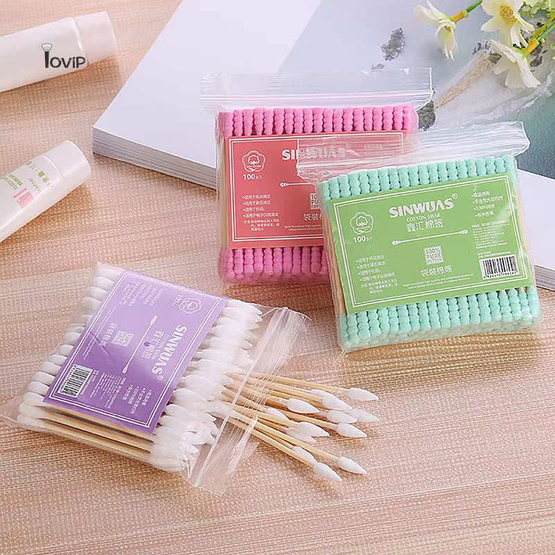 100Pcs Pack Double Head Cotton Swab Women Makeup Cotton Buds Tip for Medical Wood Sticks Nose Ears Cleaning Health Care Tools