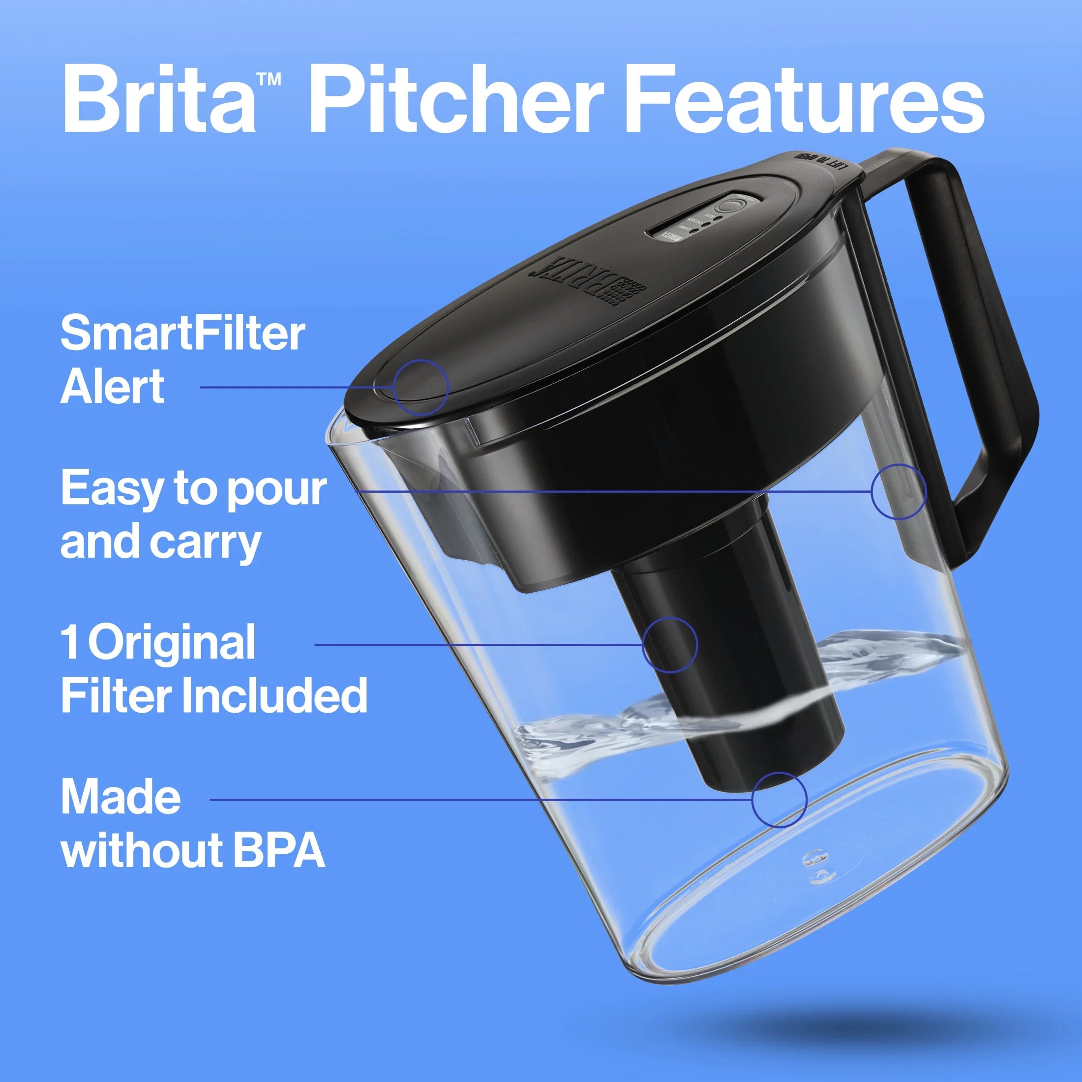 Small 6 Cup Black Denali Water Filter Pitcher with 1  Standard Filter