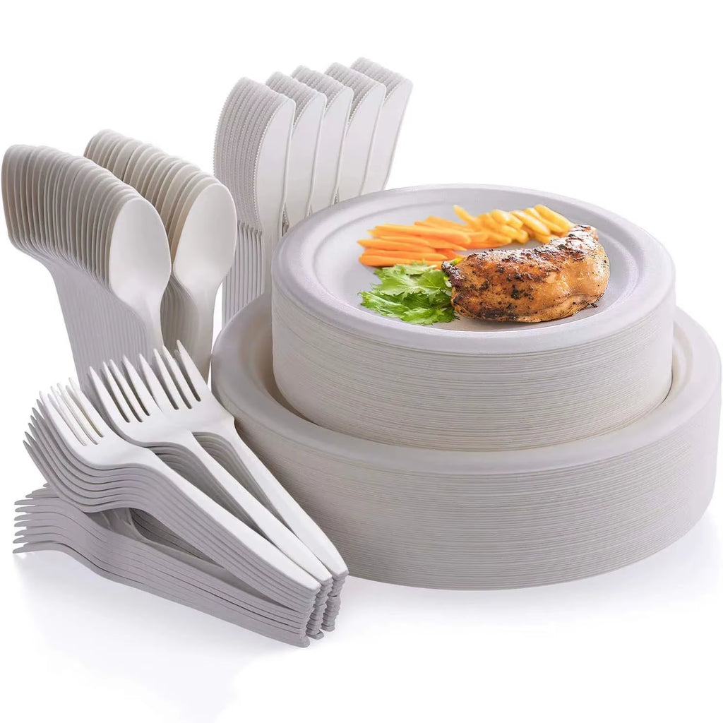 40Pcs Compostable Paper Plates with Cutlery Set,Disposable Biodegradable Utensil Eco-Friendly Dinnerware Includes Plates,Cutlery
