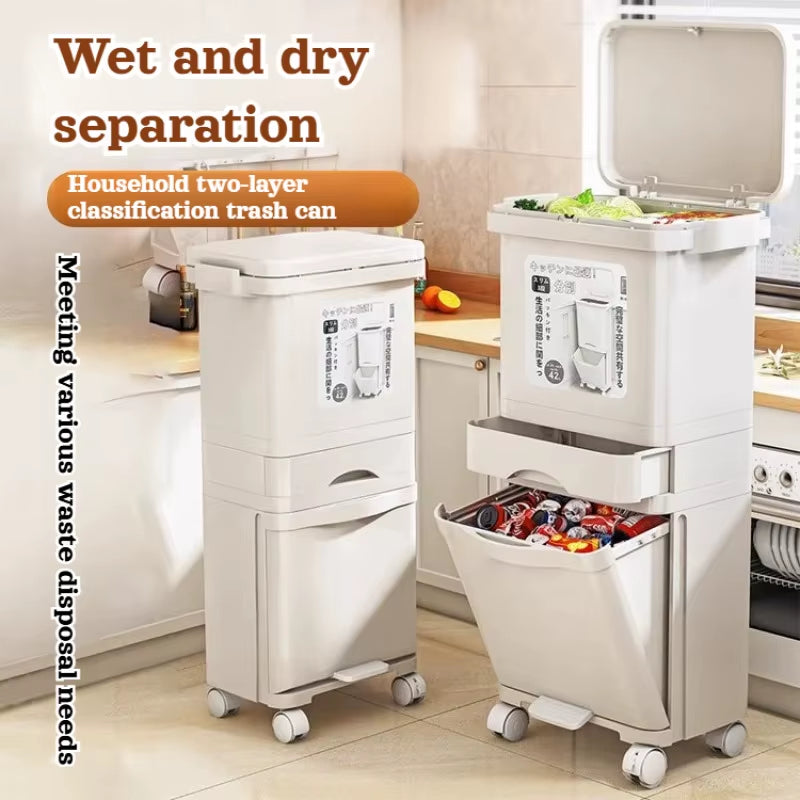 Kitchen Double Partition Trash Can Multifunctional Household Garbage Can with Lid 42L Simple Movable Dry and Wet Separation Bin