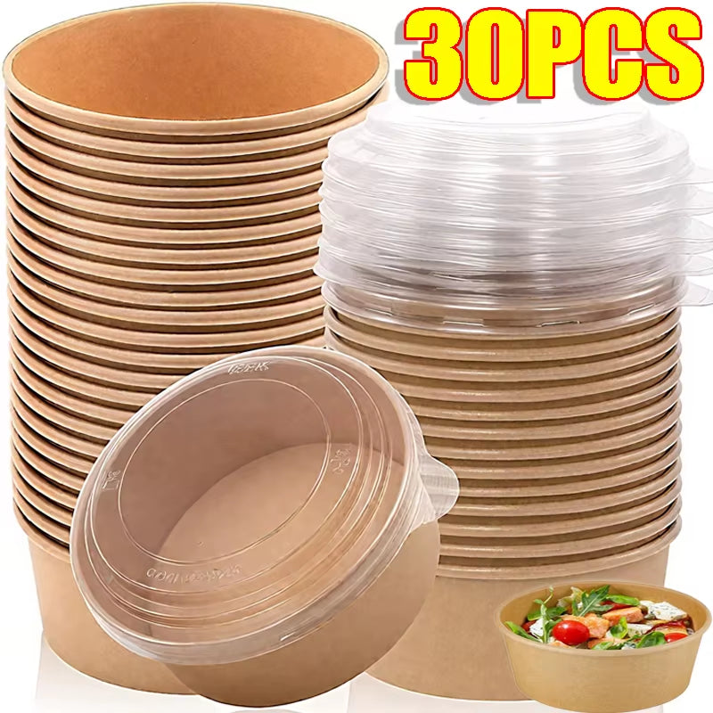 30/1X 500/750/1000ML Portable Kraft Salad Paper Bowls with Lids Biodegradable Disposable Tableware Meal Prep Takeout Bento Boxes