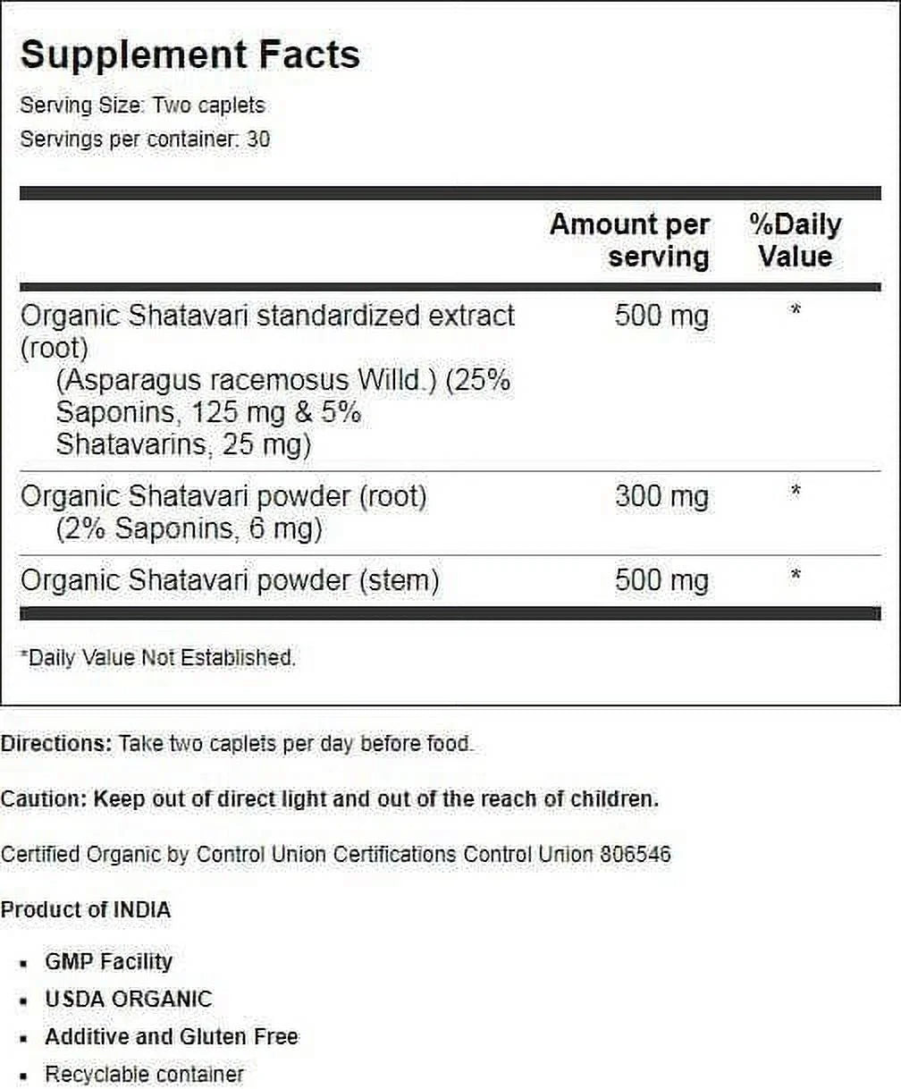 Organic Shatavari for PMS, Menstrual Cramp Relief, Menopause Support, and Women'S Health, 60 Caplets