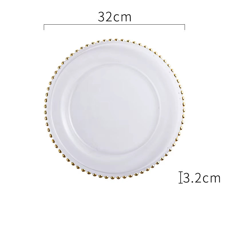Natural Shell Wood Plates Set Golden Beads Decorative Glass Steak Pasta Plate Serving Tray Dinner Decoration Kitchen Tableware