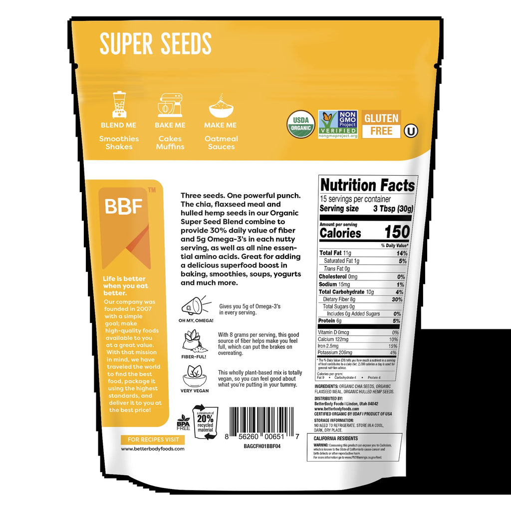 Organic Super Seeds, Chia Seeds, Flaxseed Meal, & Hemp Seeds, 16 Oz