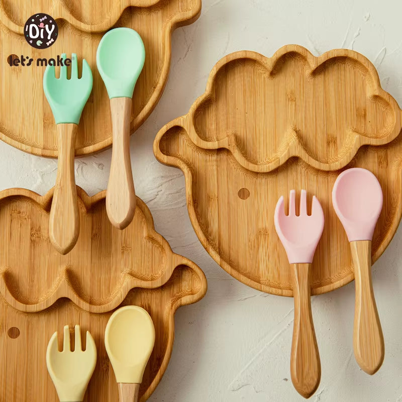 Let'S Make Baby Dinner Plates Set Wooden Cartoon Dinner Plate Fork Spoon Children Feeding Plate Safe Edible Silicone Product