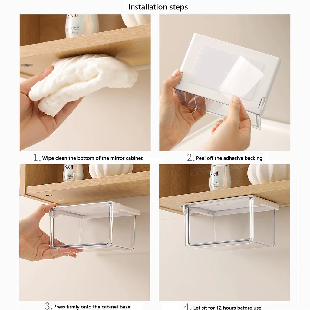Qtip Holder Dispenser under Mirror Cabinet Pull-Out Storage Box Transparent Drawer for Cotton Pad,Swabs,Floss Makeup Organizers