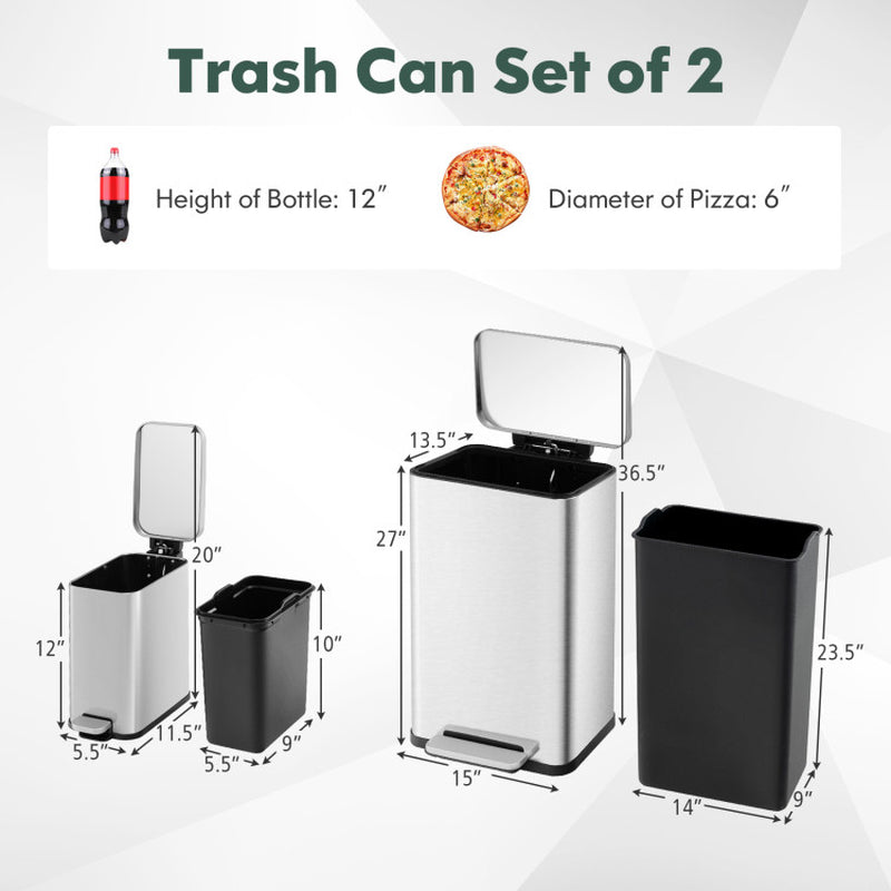 10.5 Gal and 1.6 Gal Step Trash Can Combo Set with Detachable Inner Buckets