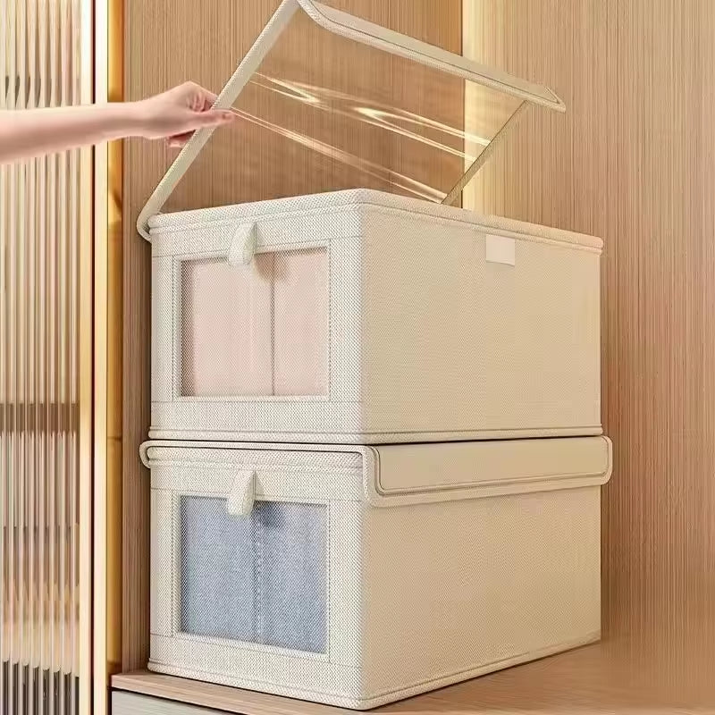 1Pc Foldable Clothes Storage Box Canvas Storage Box Thickened Household Dustproof Storage Box with Cover with Transparent Window