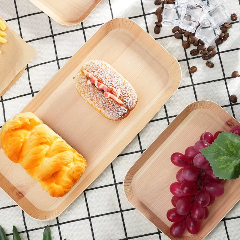 50Pcs Disposable Paper Plates Compostable Wood Grain Paper Tray Natural Wooden Forks Spoons Set Party Table Accessorie