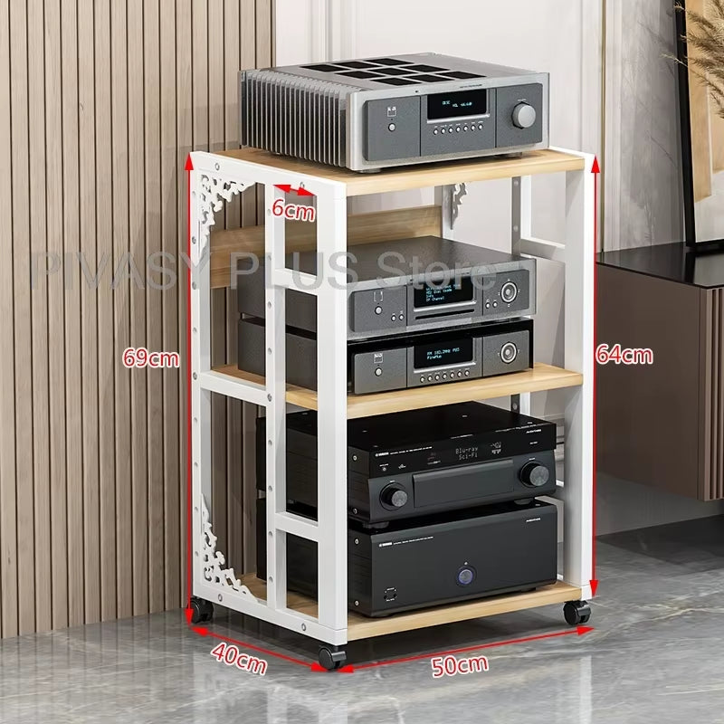 Adjustable 2-5 Tier Audio Rack Steel Frame Media Console E1 Panels Amplifiers Bracket with Wheels for Amp Home Theather Storage