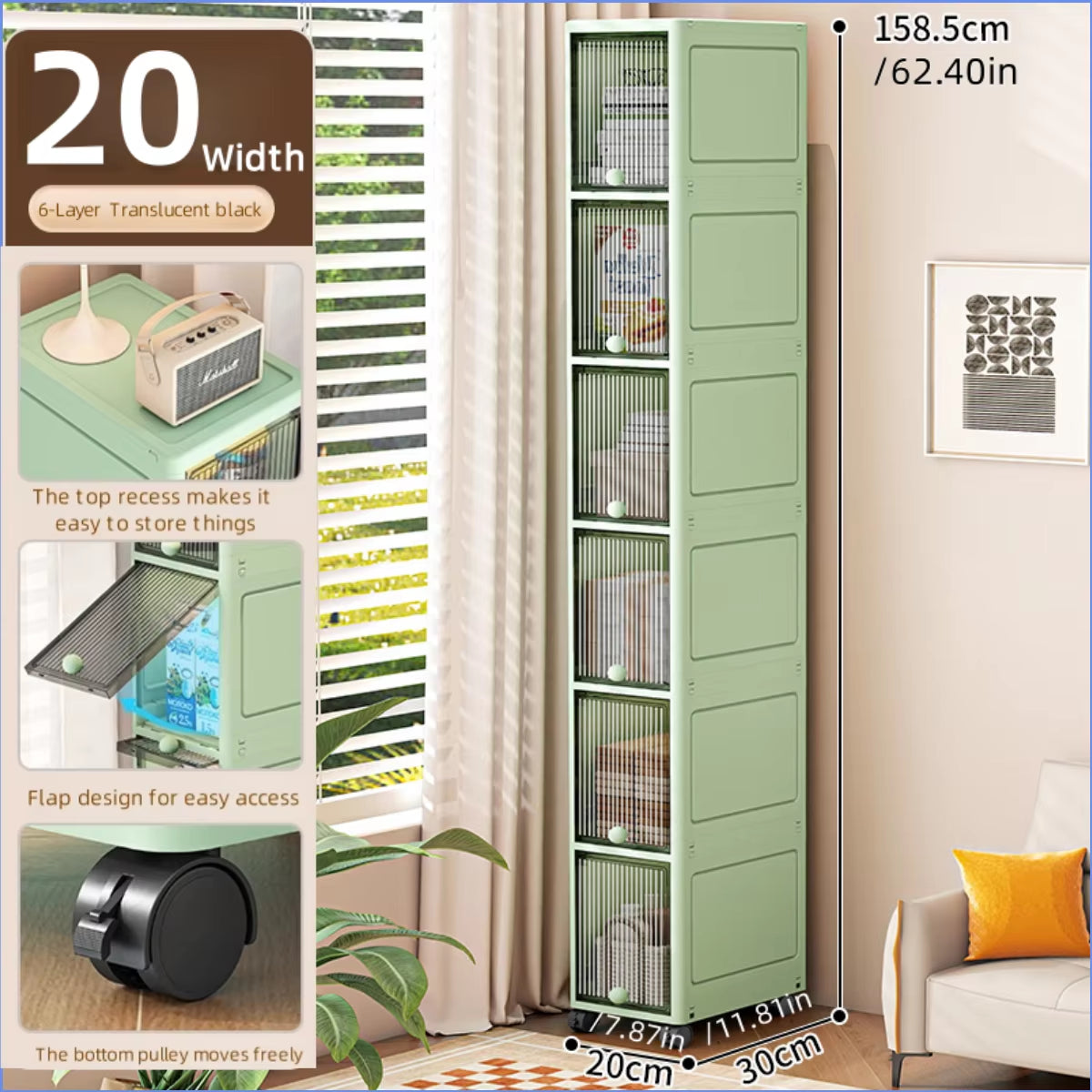 20Cm-Flip Lid Slit Storage Cabinet, Kitchen Slit Shelf, Bathroom Multi-Layer Plastic Snack Cabinet, Narrow-Edge Storage Cabinet