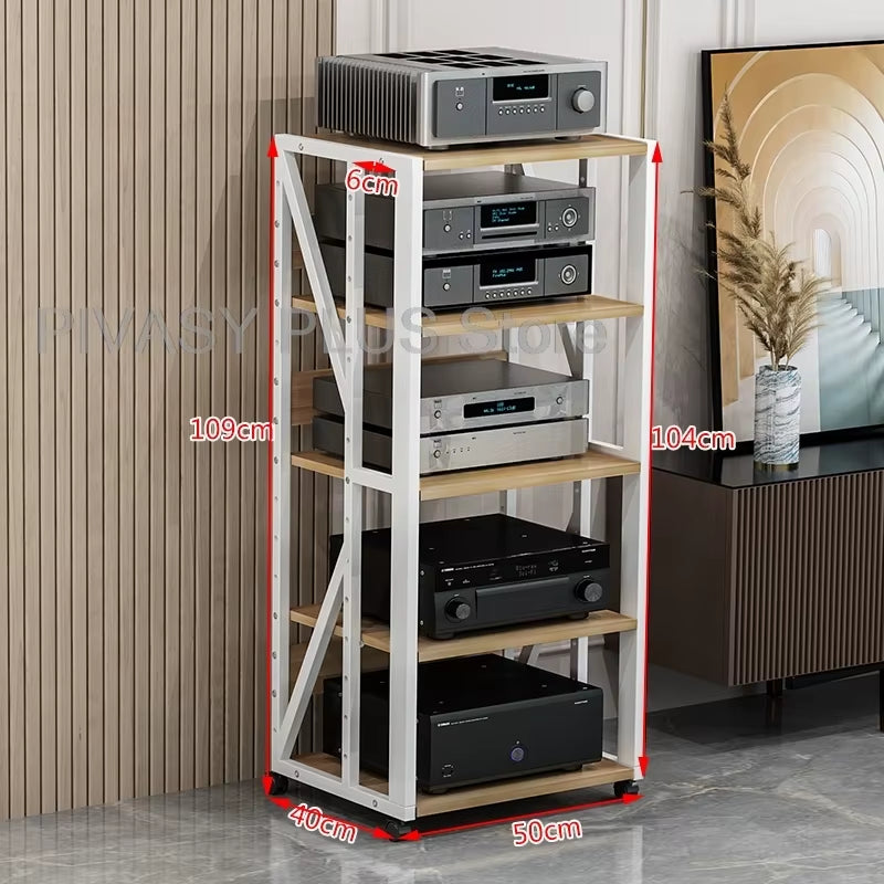 Adjustable 2-5 Tier Audio Rack Steel Frame Media Console E1 Panels Amplifiers Bracket with Wheels for Amp Home Theather Storage