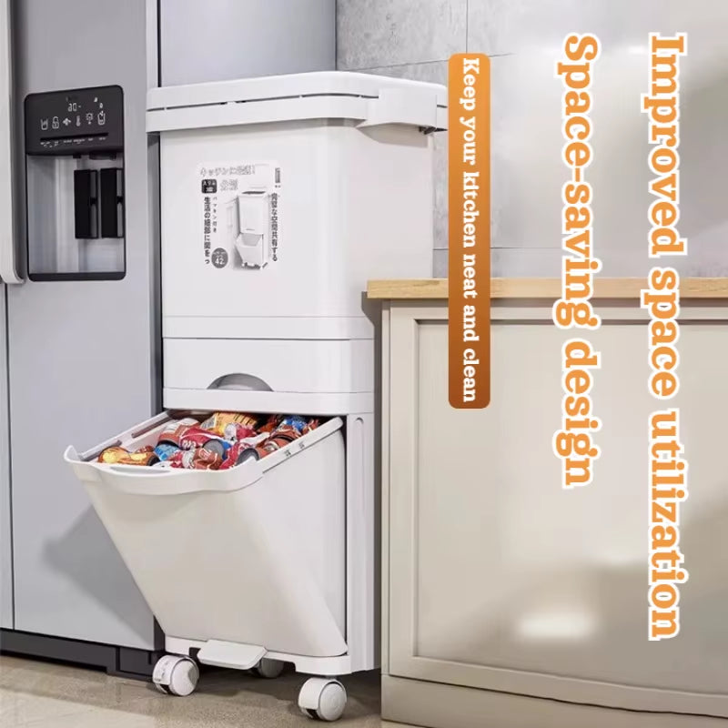 Kitchen Double Partition Trash Can Multifunctional Household Garbage Can with Lid 42L Simple Movable Dry and Wet Separation Bin