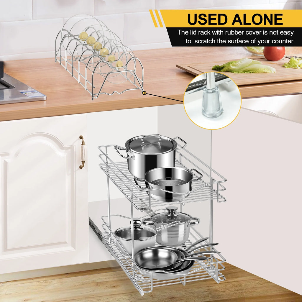 Pull Out Cabinet Pots and Pans Organizer 11" W X 18" D 2 Tier Wire Basket for Lid Cookware Drawer Slide Out Kitchen Cupboard Organization Shelves Shelf for Pantry Roll Out Storage