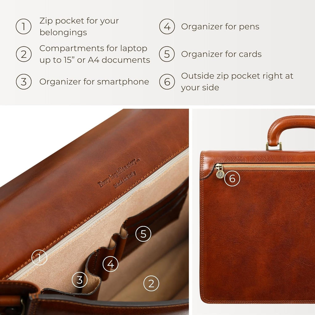 Leather Briefcase - Italian Handmade Leather Laptop Bag - Handbag for Men - Professional Computer Case