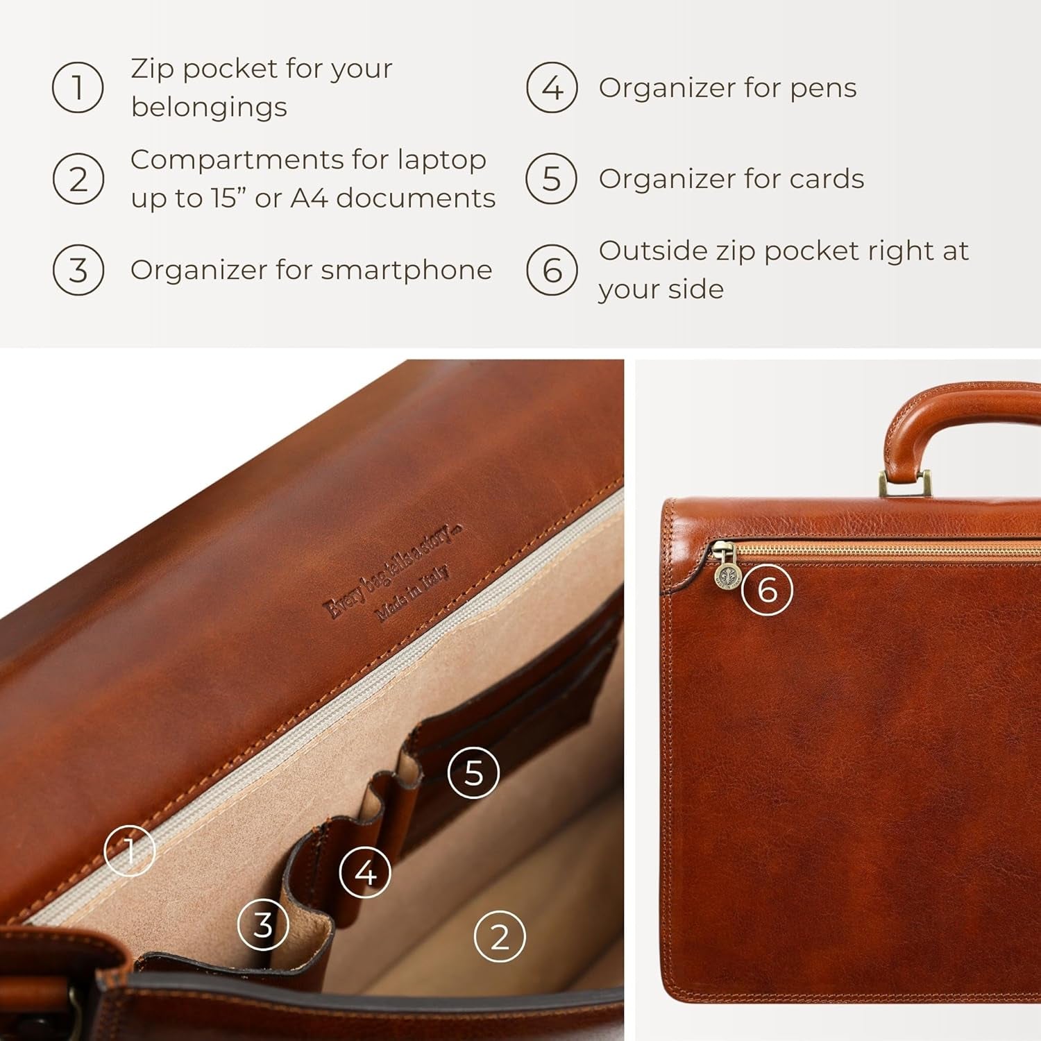 Leather Briefcase - Italian Handmade Leather Laptop Bag - Handbag for Men - Professional Computer Case